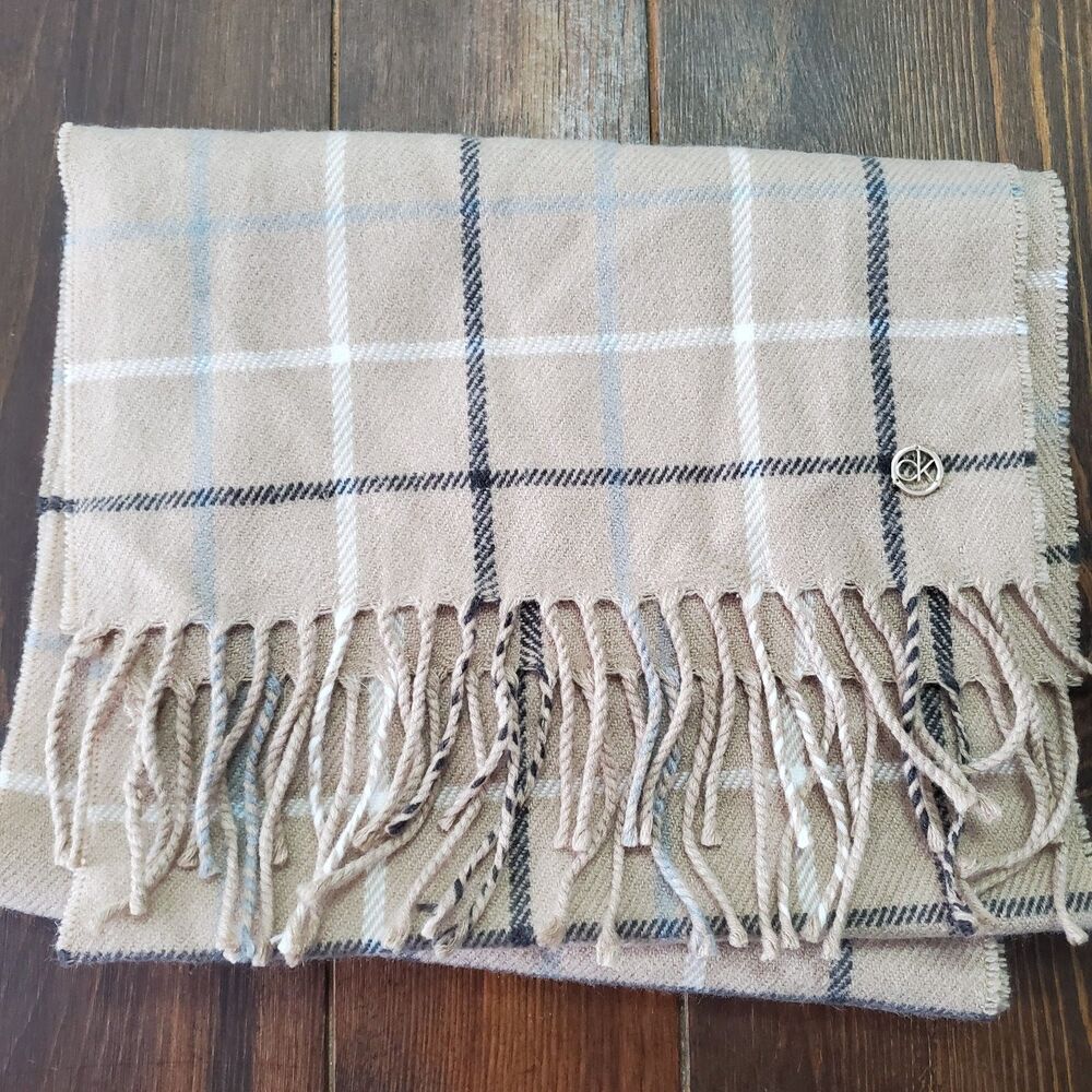 Calvin Klein Scarf Wrap Plaid Fringe Beige Black White Acrylic 11x68" Warm Soft